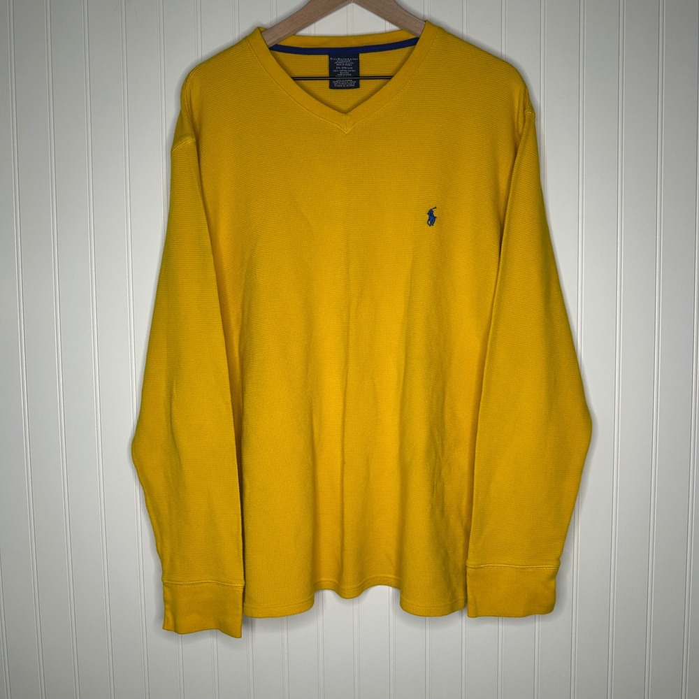 Polo Ralph Lauren Mens Thermal Shirt 2XL Yellow Waffle Knit V Neck Pony Logo